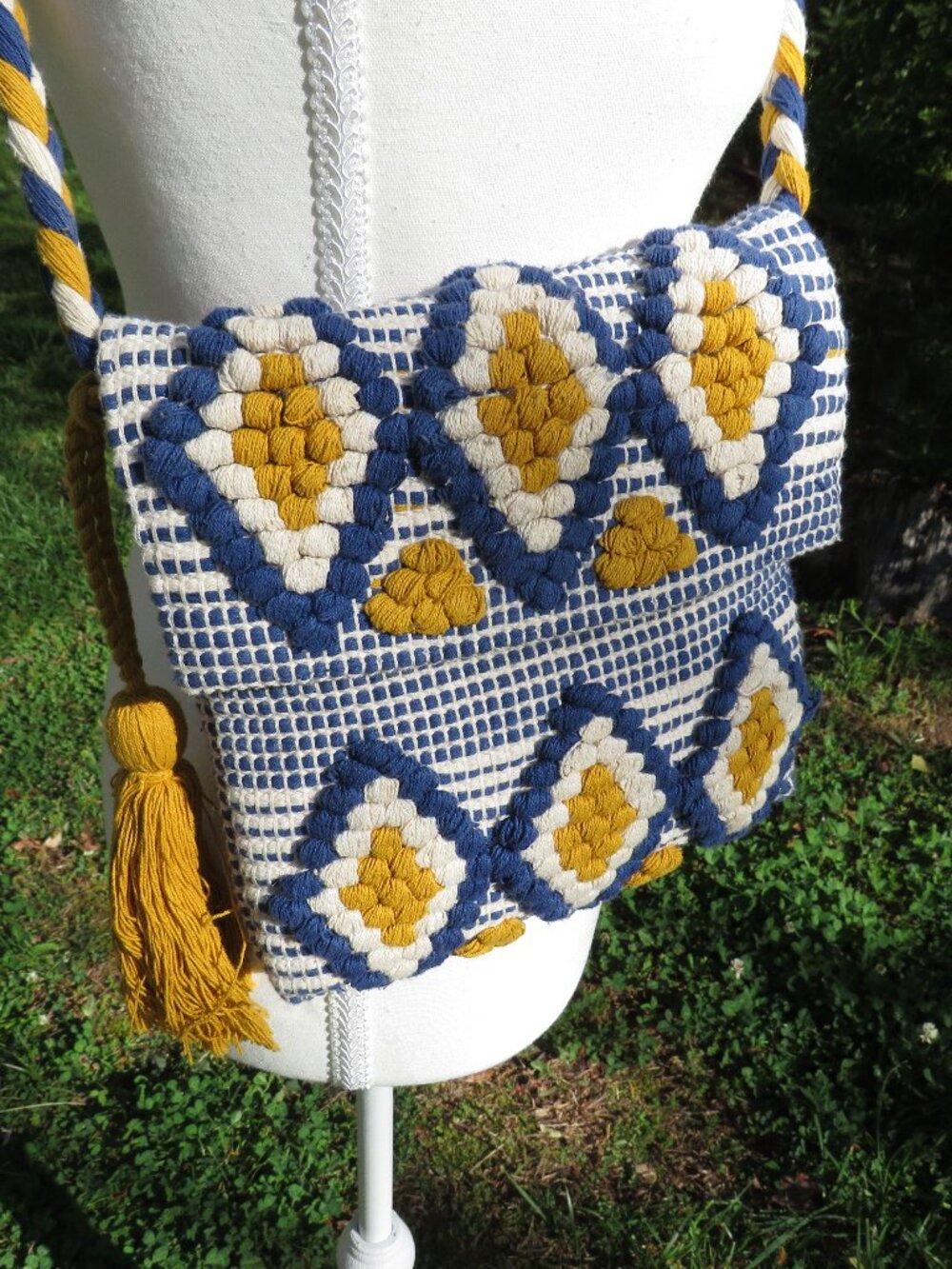 Bay Sky Woven Boho Shoulder Bag – Blue Mustard Diamond Pattern, Braided Strap, 9